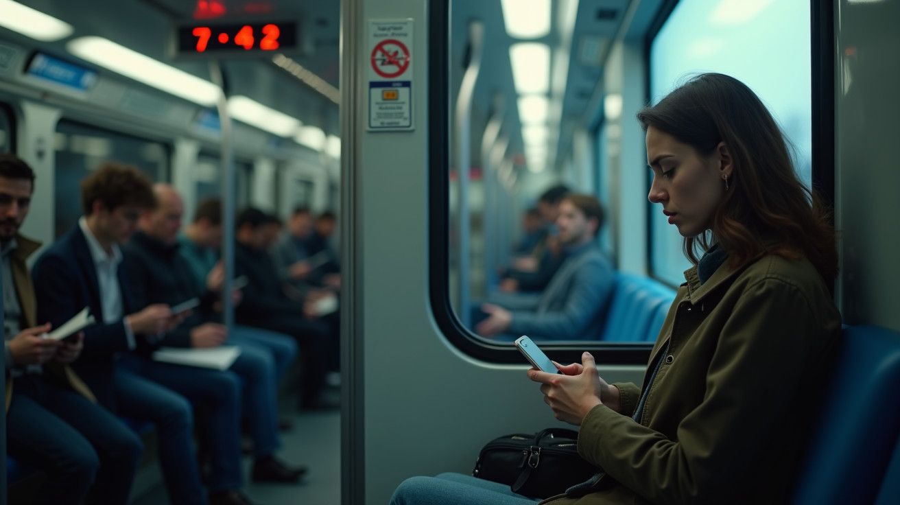 Mulher sentada no metro, olhando o telemóvel. Pessoas ao fundo também usam dispositivos. Hora 7:42 mostrada.