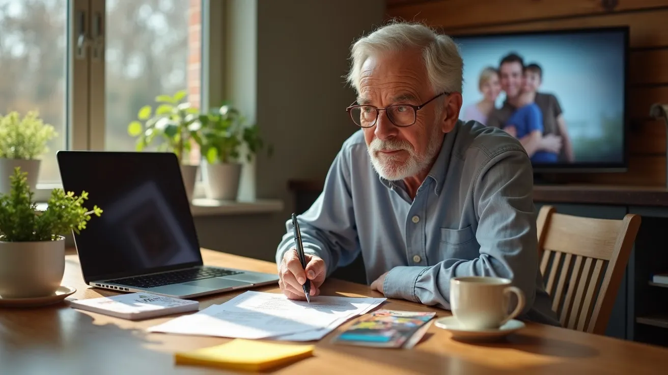 Homem idoso com óculos escreve à mesa, laptop aberto ao lado, plantas e fotografia de família ao fundo.
