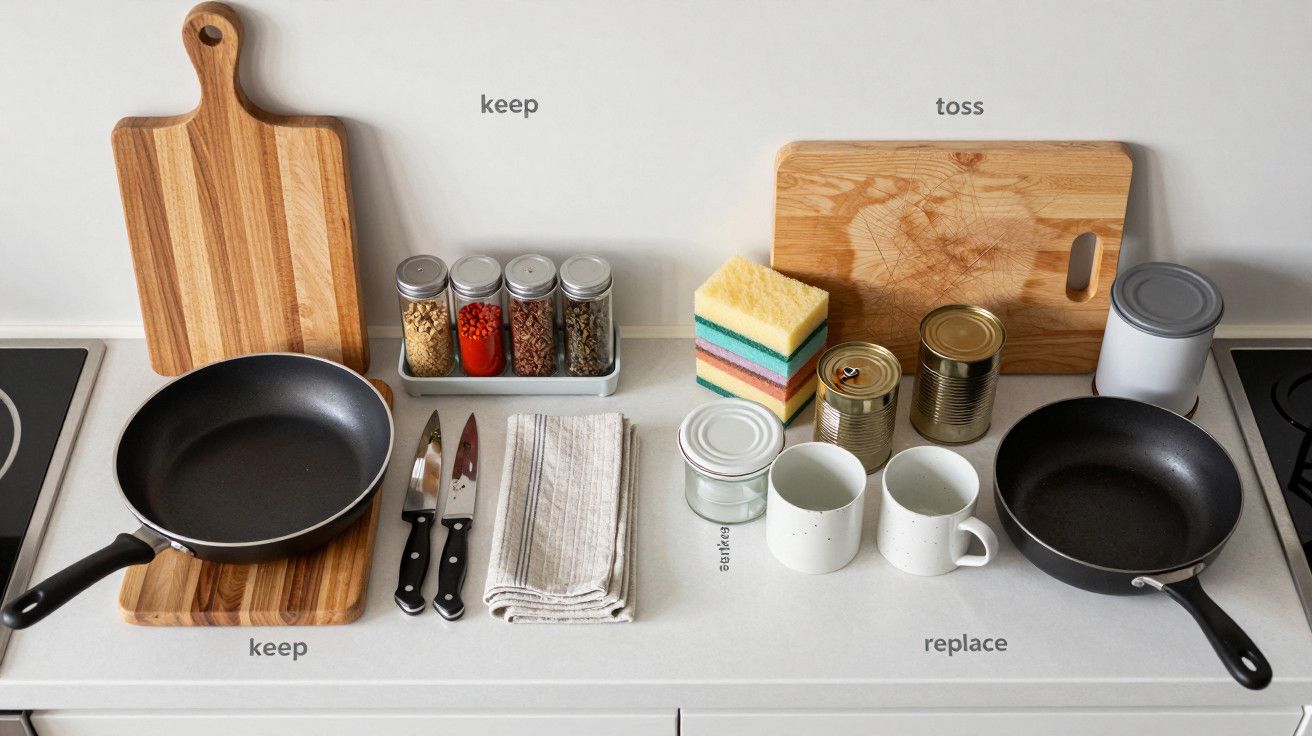 Tabuleiro com frigideira, facas e especiarias à esquerda. Tábuas, esponjas e latas à direita sobre bancada de cozinha.