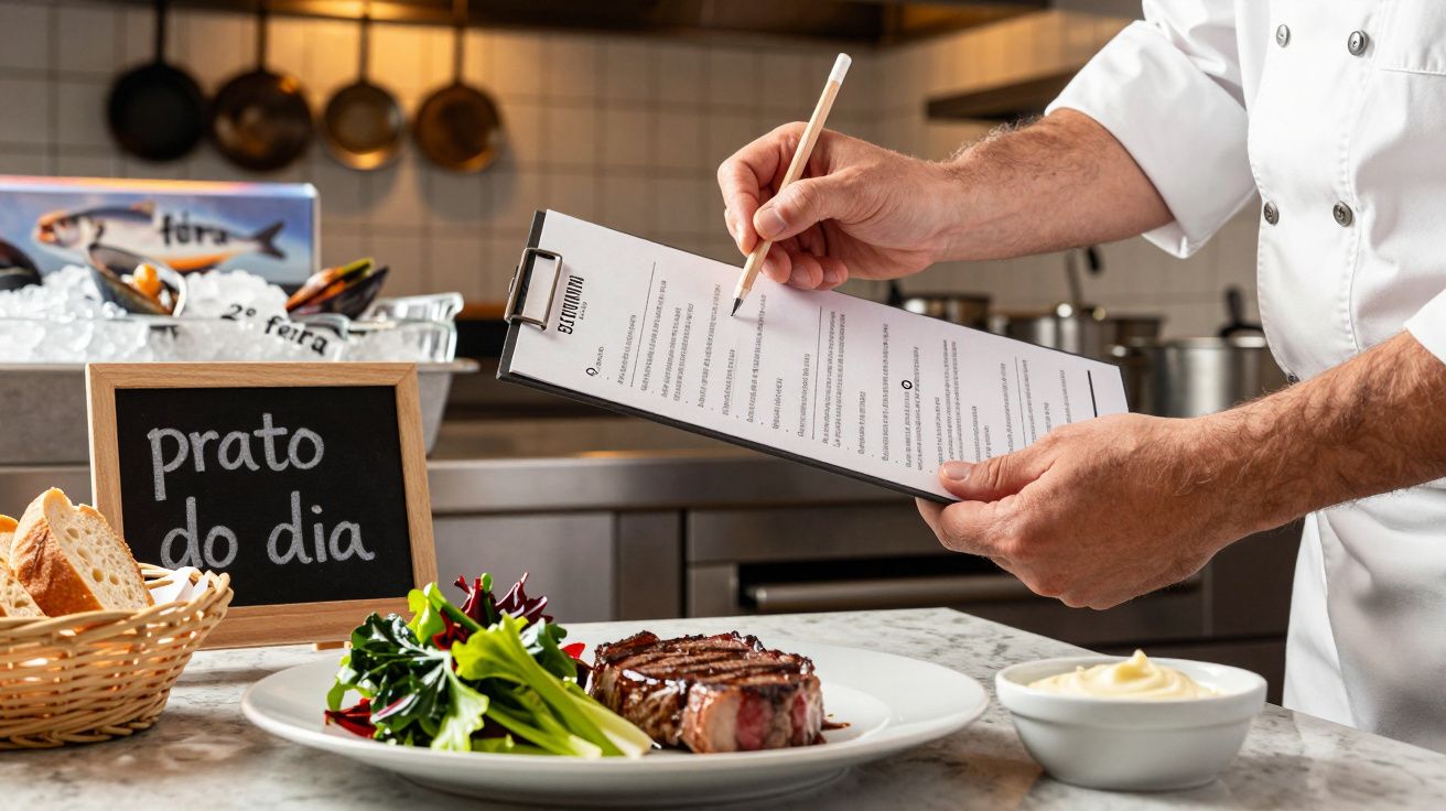 Chef revê o menu enquanto prepara o prato do dia, com bife grelhado e salada num balcão de cozinha.