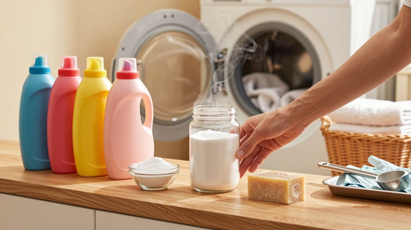 Produtos de lavagem coloridos e frascos de detergente em pó numa lavandaria com máquina de lavar roupa ao fundo.