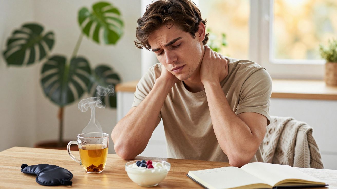 Homem sentado à mesa segura o pescoço, com chá, máscara de dormir, iogurte e caderno à sua frente.