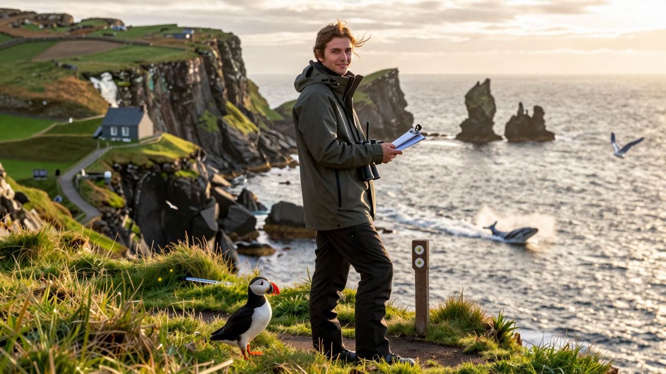 Homem com caderno em penhasco verde à beira-mar, com papagaio-do-mar ao lado e aves a voar.