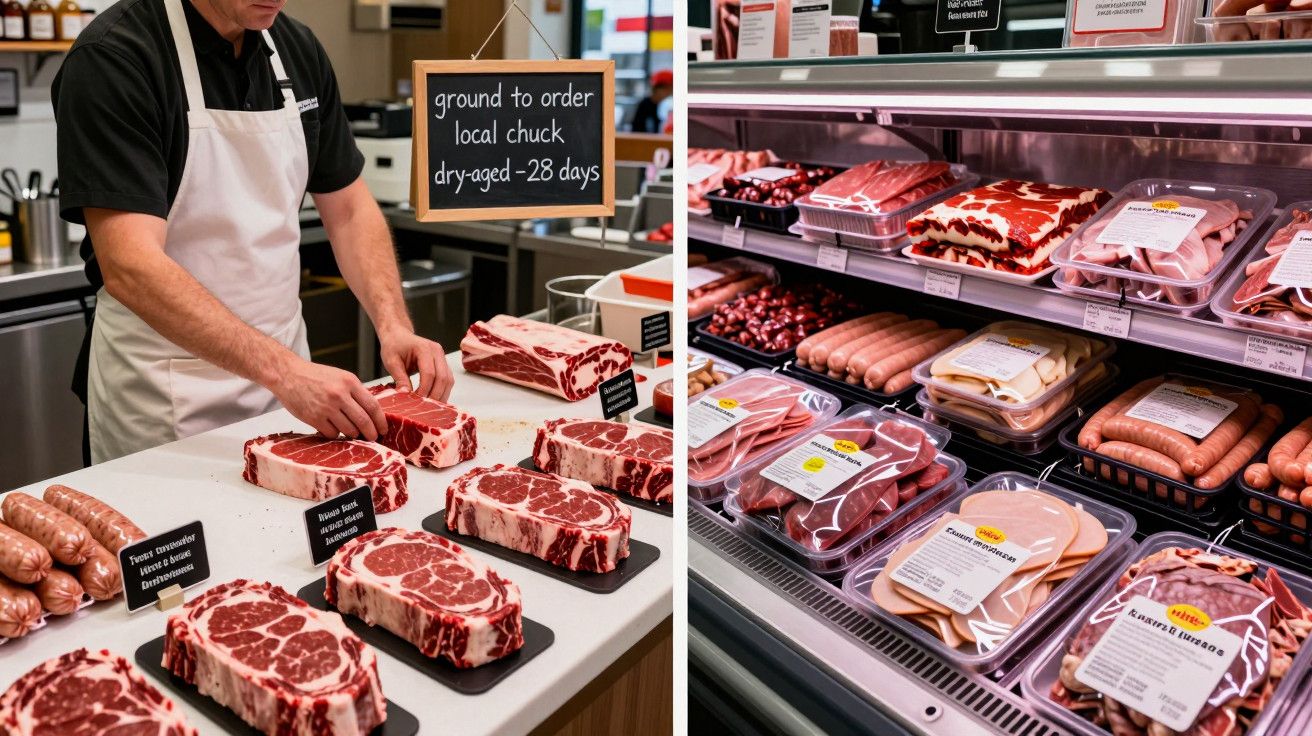 Talho com funcionário cortando carne maturada e vitrine com variedade de carnes e enchidos embalados.