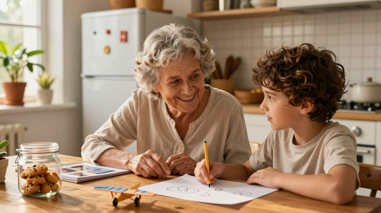 Idosa sorridente observa criança a desenhar na cozinha, com jarro de bolachas e brinquedo sobre a mesa.
