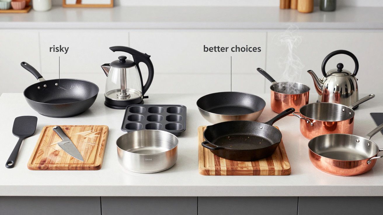 Utensílios de cozinha diversos sobre bancada; frigideira, chaleira, forno de muffin, tachos e tábuas de corte.