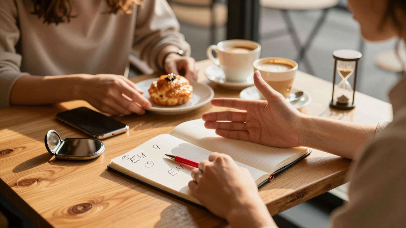 Duas pessoas num café, conversando. Uma toma notas num caderno e a outra segura um croissant. Há café na mesa.