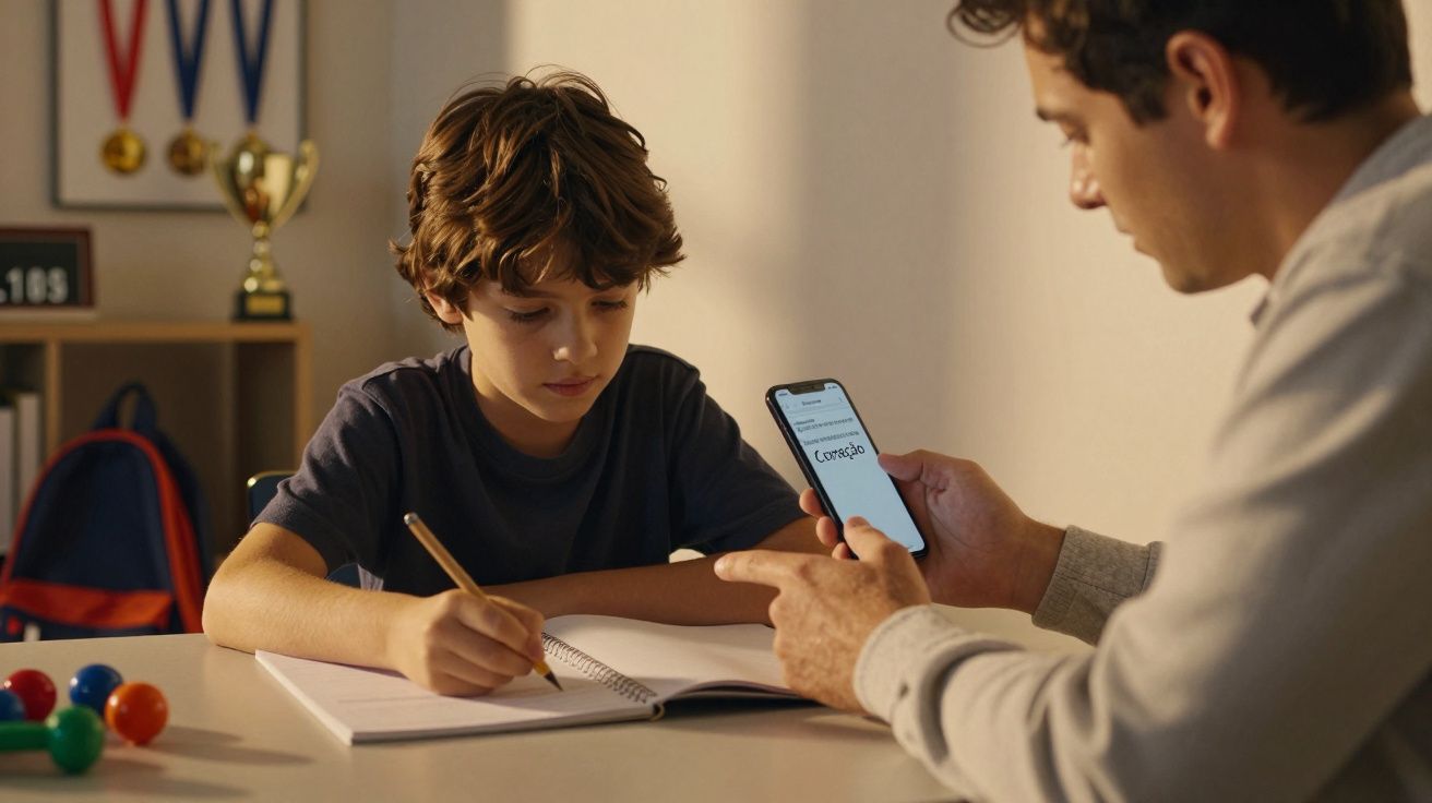 Pai ajuda filho com dever de casa; consulta telemóvel para informação. Trophéus e medalhas ao fundo.