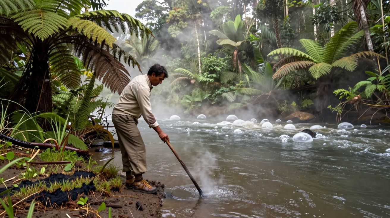 Homem mexe água fumegante num rio tropical, rodeado por vegetação exuberante.