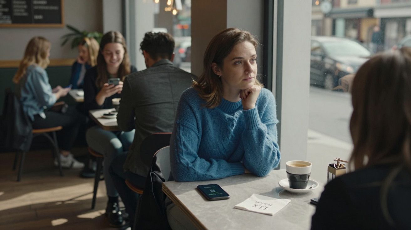 Mulher pensativa num café, com chávena e telemóvel na mesa. Pessoas conversam ao fundo.