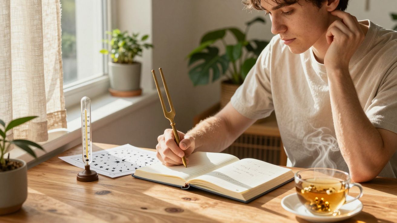 Jovem sentado à mesa, escrevendo num caderno, ao lado de uma chávena de chá e um documento, iluminado por luz natural.