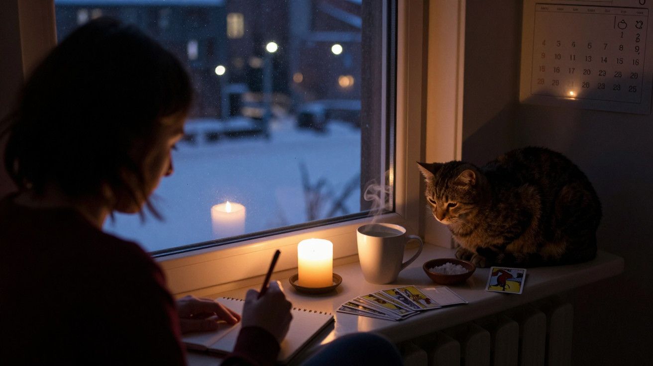 Pessoa escreve à luz de velas junto a uma janela, com um gato ao lado, numa noite de inverno iluminada pela neve.