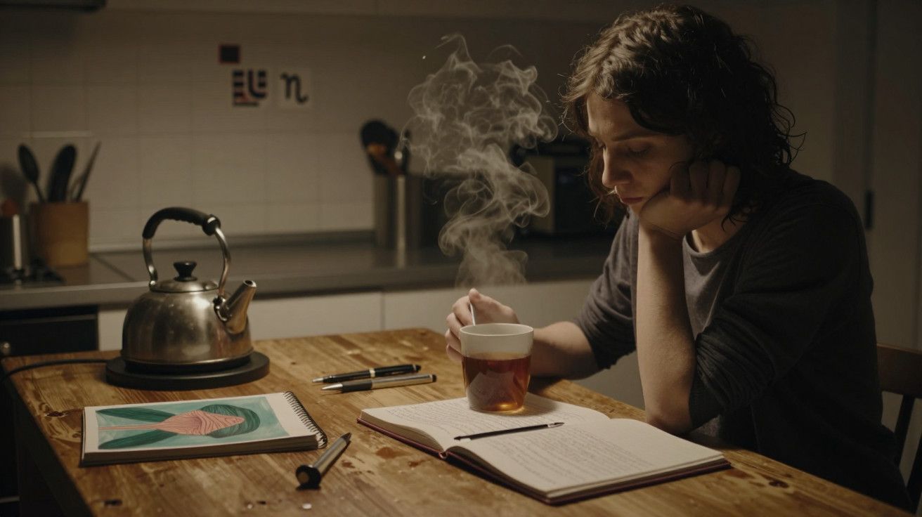 Mulher pensativa com chá em uma mão, frente a um caderno aberto numa cozinha à noite.