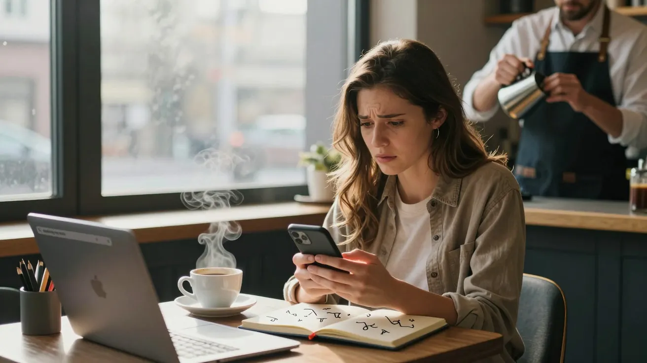 Mulher preocupada olha para o telemóvel numa cafetaria, com portátil e caderno abertos à frente. Barista ao fundo.