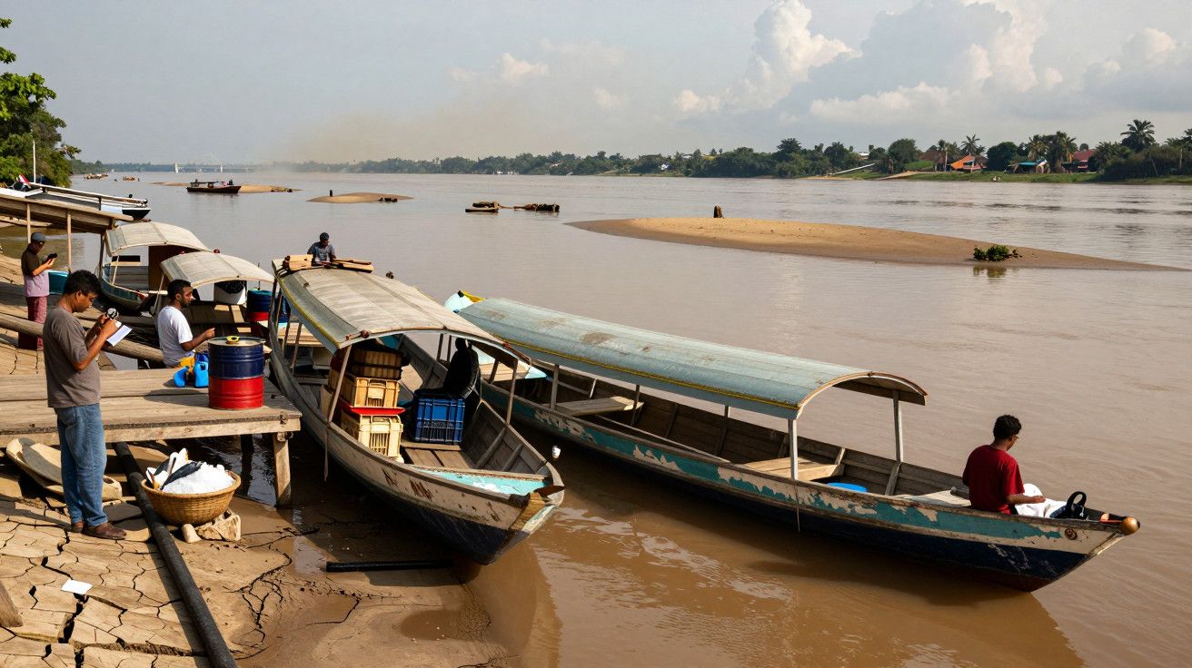 Barcos de madeira atracados à margem do rio, com pessoas a bordo e vegetação ao fundo.