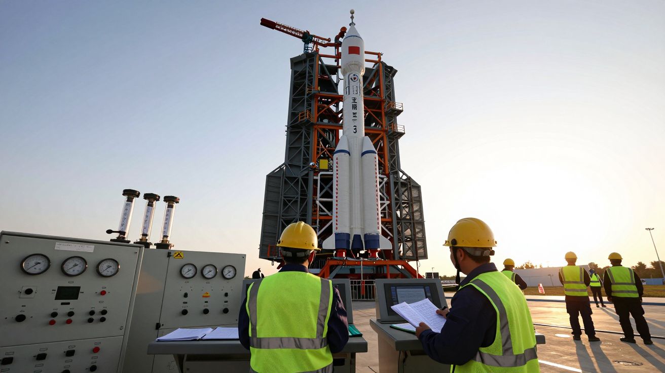 Trabalhadores com capacetes e coletes refletores observam um foguetão num local de lançamento ao amanhecer.