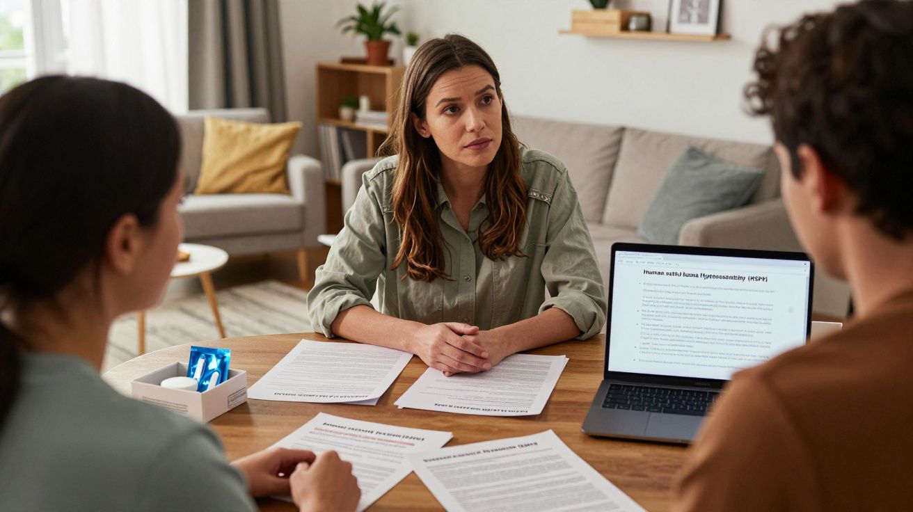 Mulher falando com duas pessoas numa reunião em casa, com documentos e um portátil sobre a mesa.
