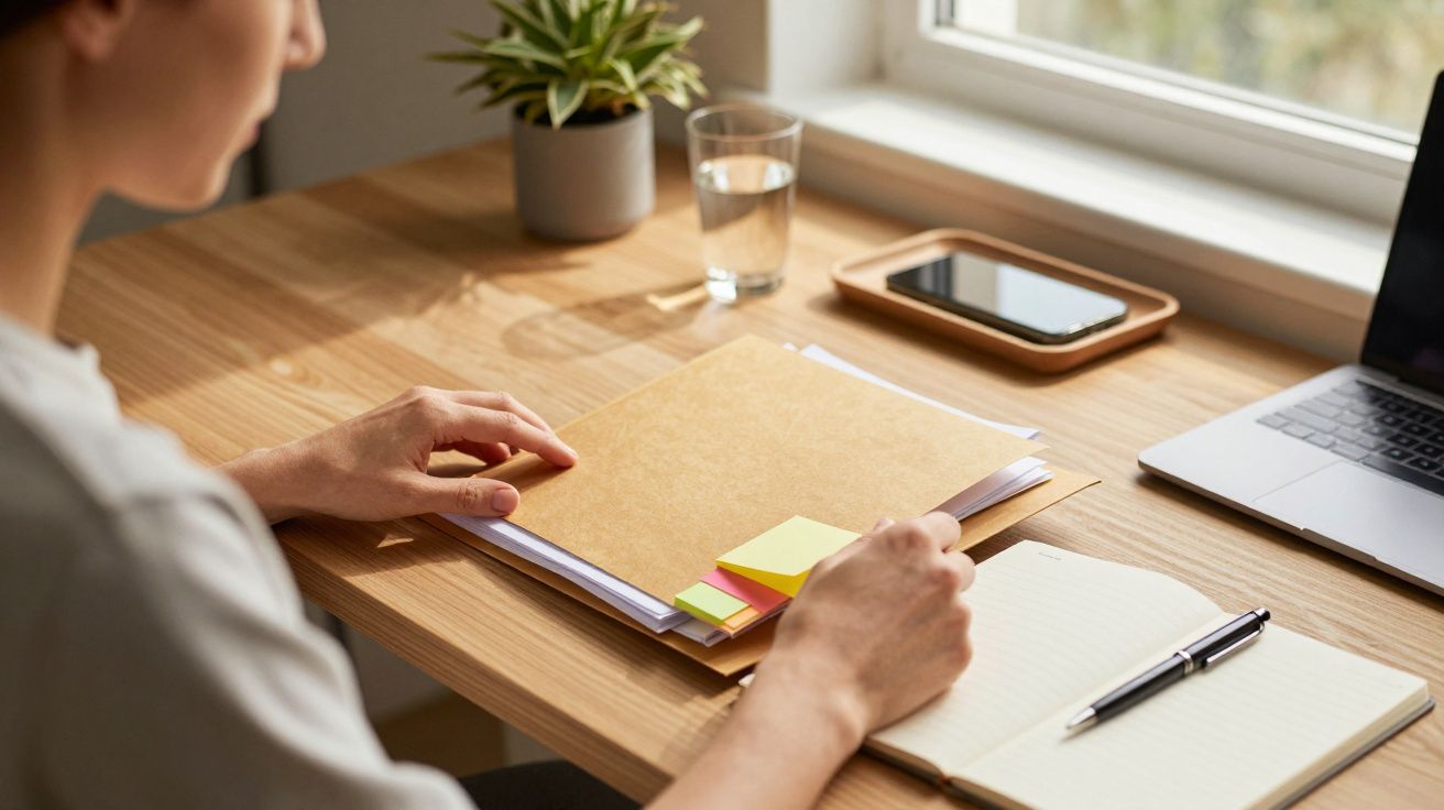 Pessoa a trabalhar numa secretária com um caderno, documentos e um portátil, perto de uma janela iluminada.