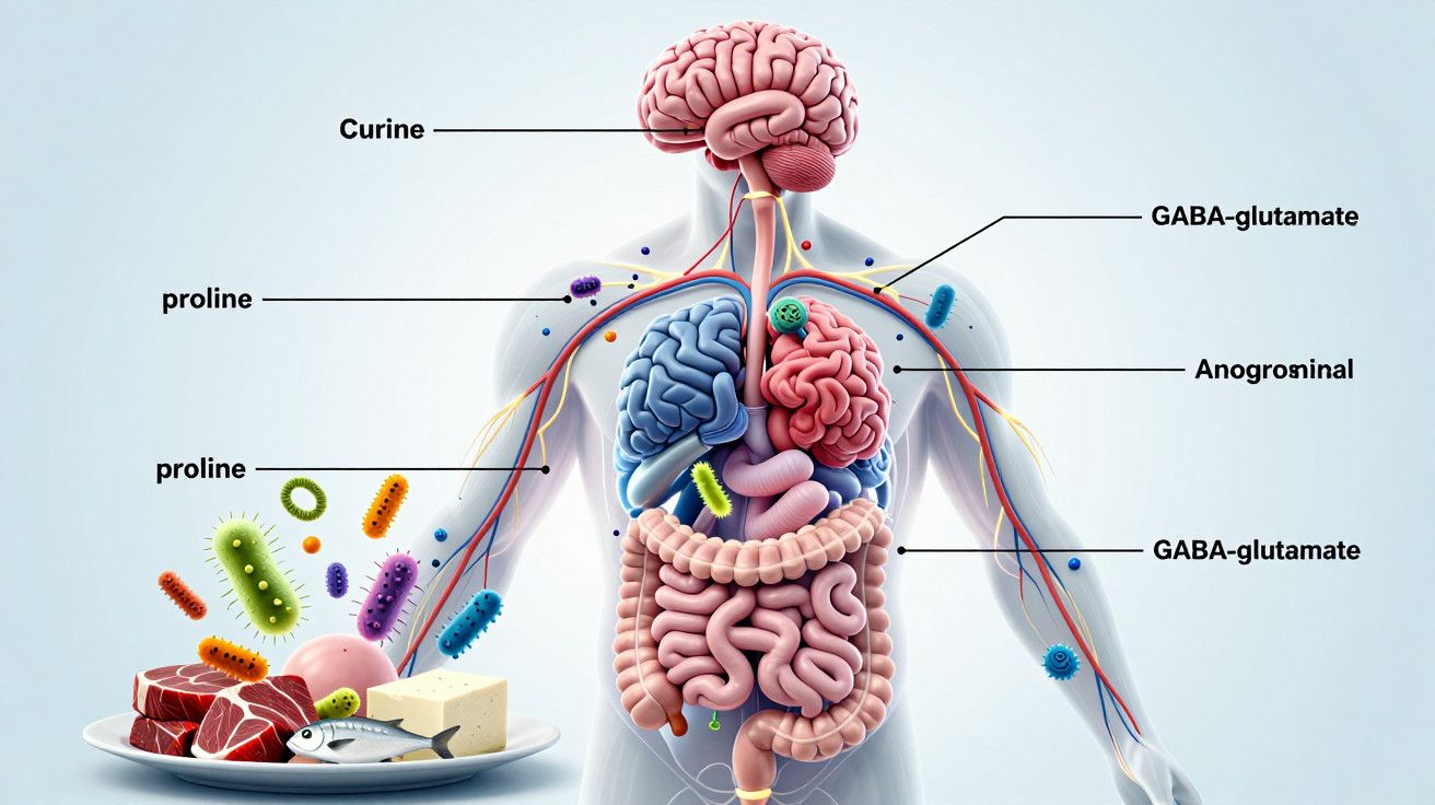 Ilustração do corpo humano com órgãos marcados, mostrando interações de compostos e alimentos como carne e queijo.