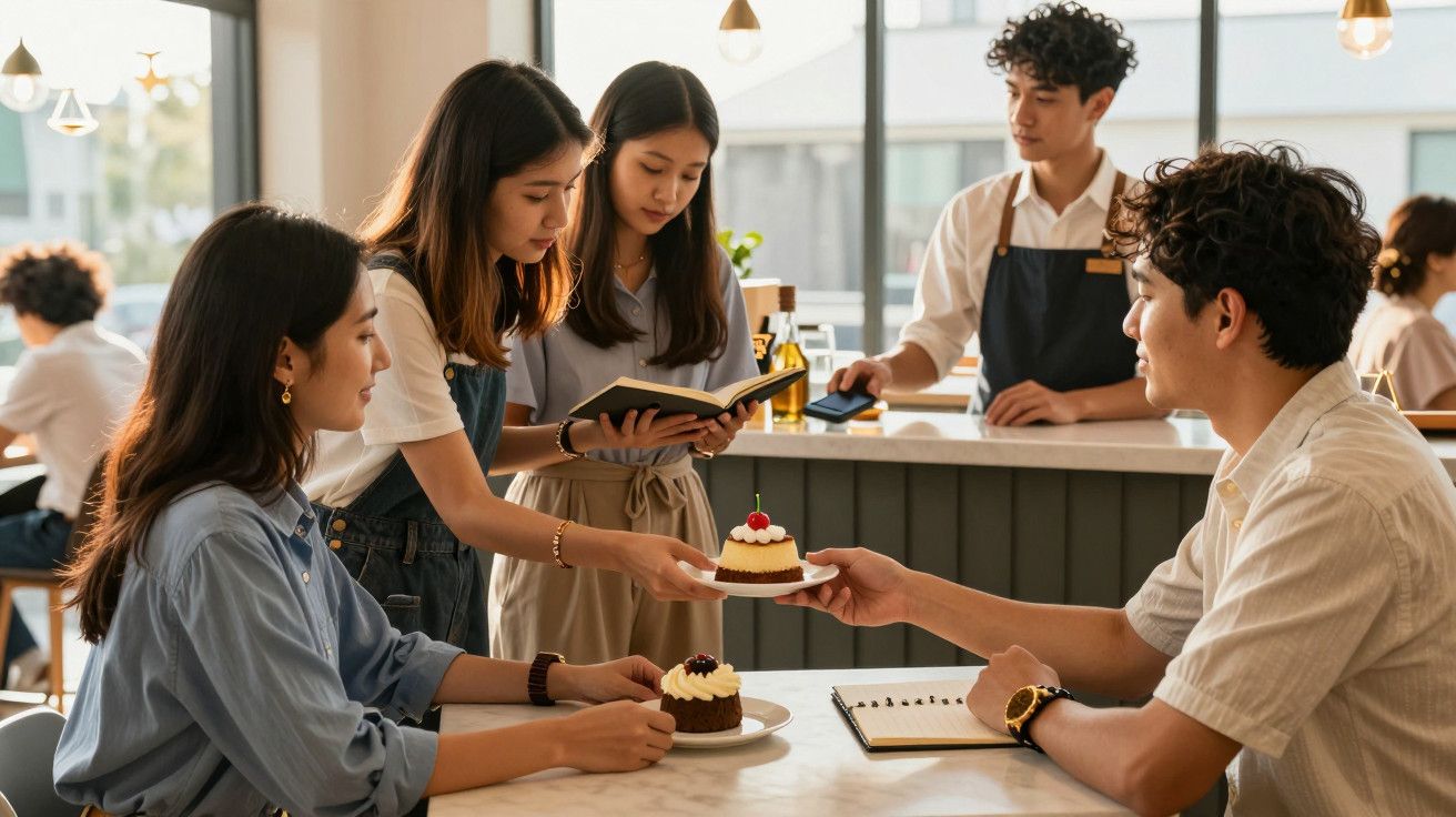 Grupo de jovens num café moderno, servindo e desfrutando de sobremesas enquanto conversam descontraidamente.