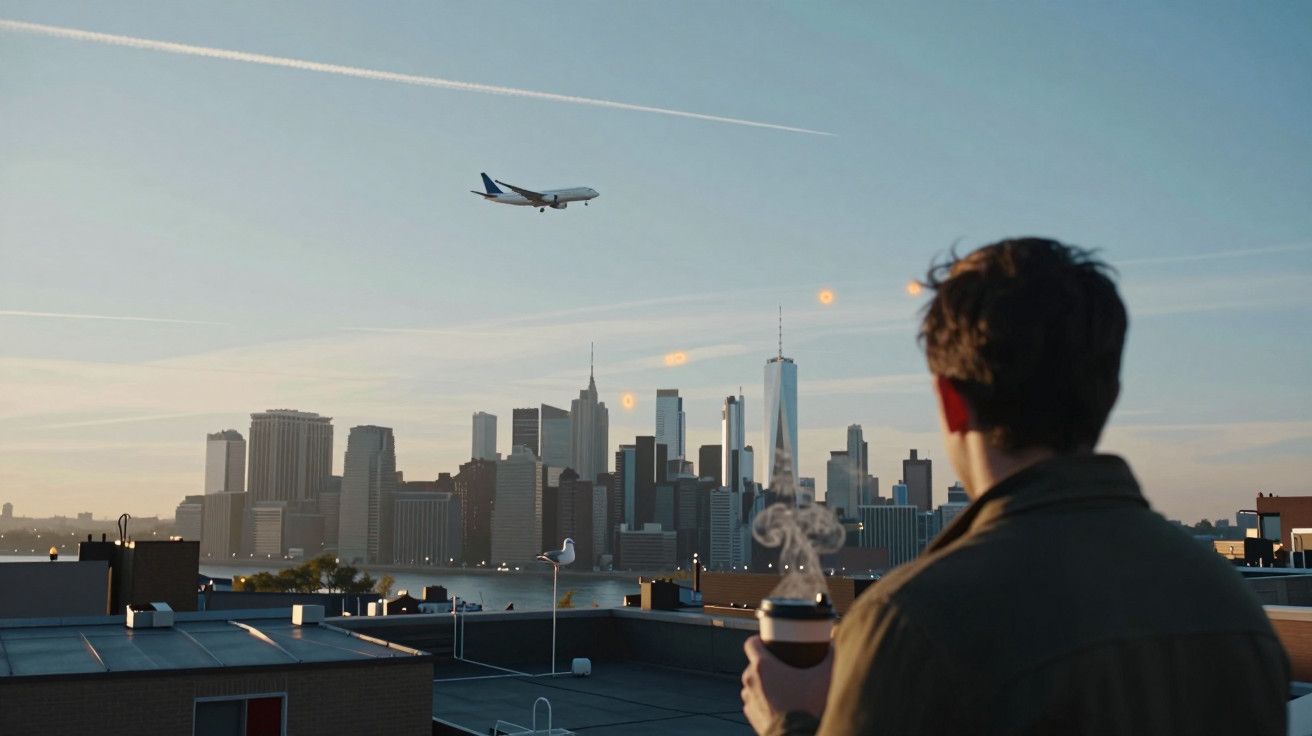 Pessoa segura café, olhando para o horizonte da cidade com avião a voar no céu ao entardecer.