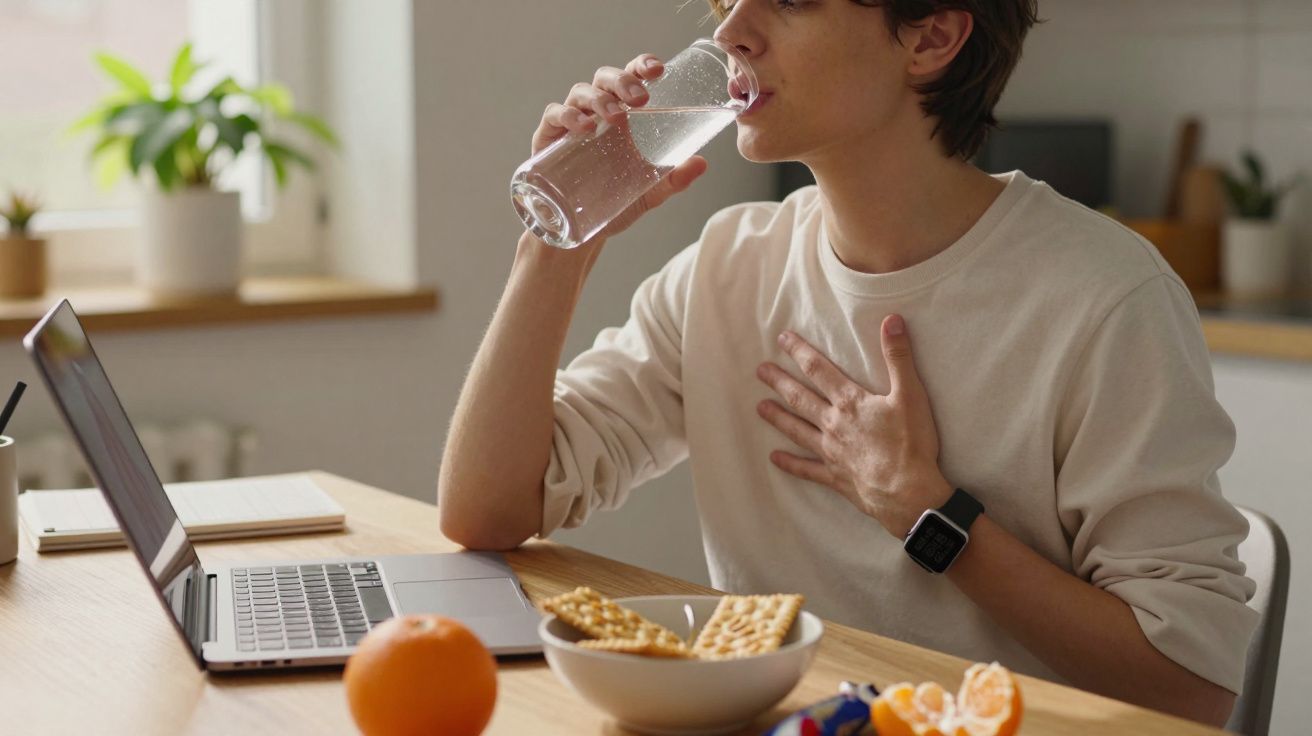 Pessoa bebe água ao lado de um portátil, com snacks e frutas na mesa. Planta e janela ao fundo.
