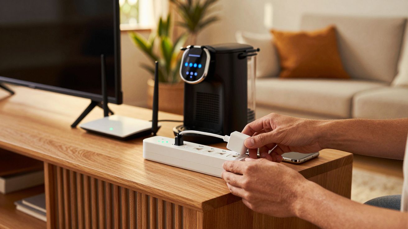 Pessoa a ligar um cabo a uma extensão elétrica numa sala com sofá e aparelhos eletrónicos sobre uma mesa.