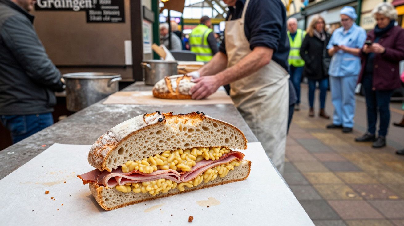 Sande de queijo macarrão e presunto em mesa de mercado, vendedor ao fundo e pessoas em pé ao redor.
