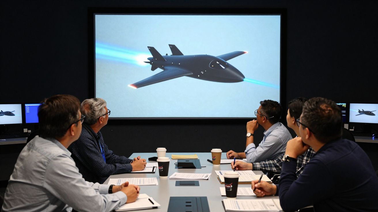 Cinco pessoas numa reunião assistindo à imagem de um avião a jato num ecrã grande.