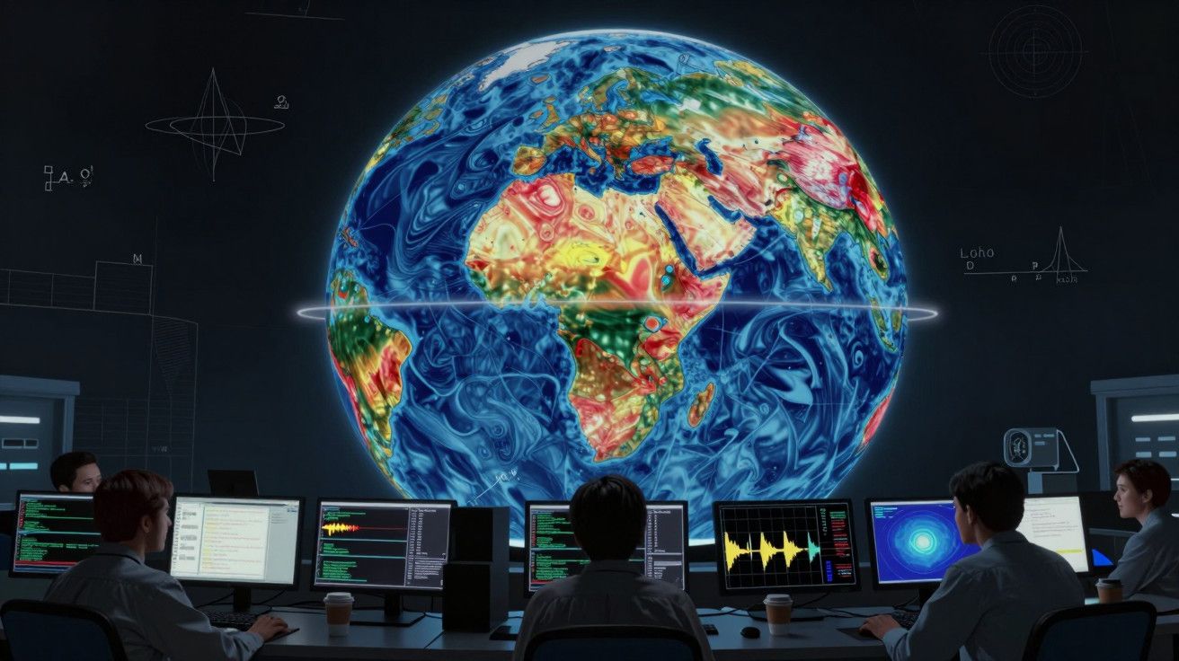 Pessoas a monitorizar dados num ecrã com um mapa colorido da Terra ao fundo.