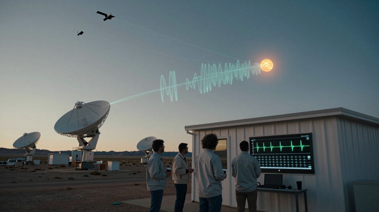 Pessoas observam dados em ecrã ao lado de radares em deserto ao amanhecer, com ondas ligadas a objeto no céu.