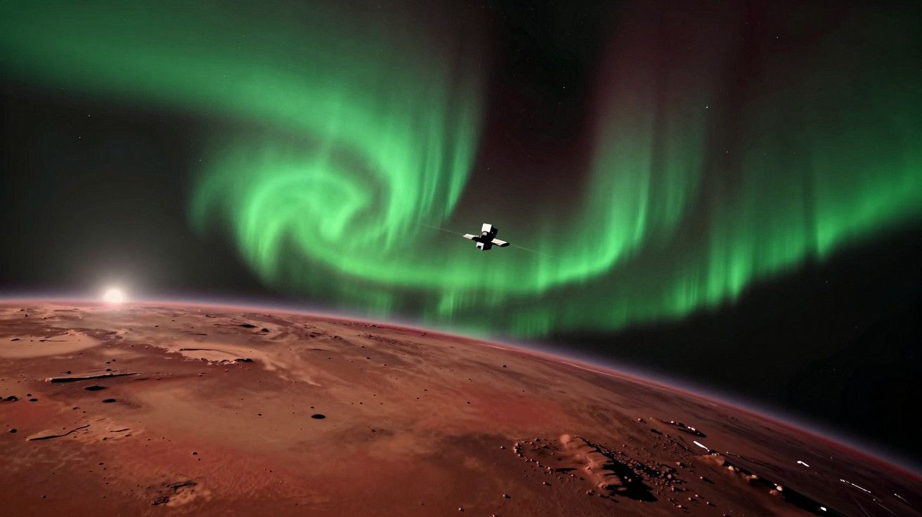 Aurora verde sobre a superfície de Marte com uma sonda espacial ao fundo.