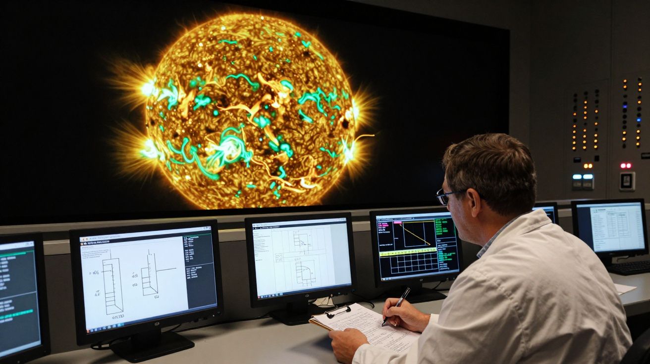 Homem em frente a ecrãs de computador, analisando imagens do Sol numa sala de controlo científica.