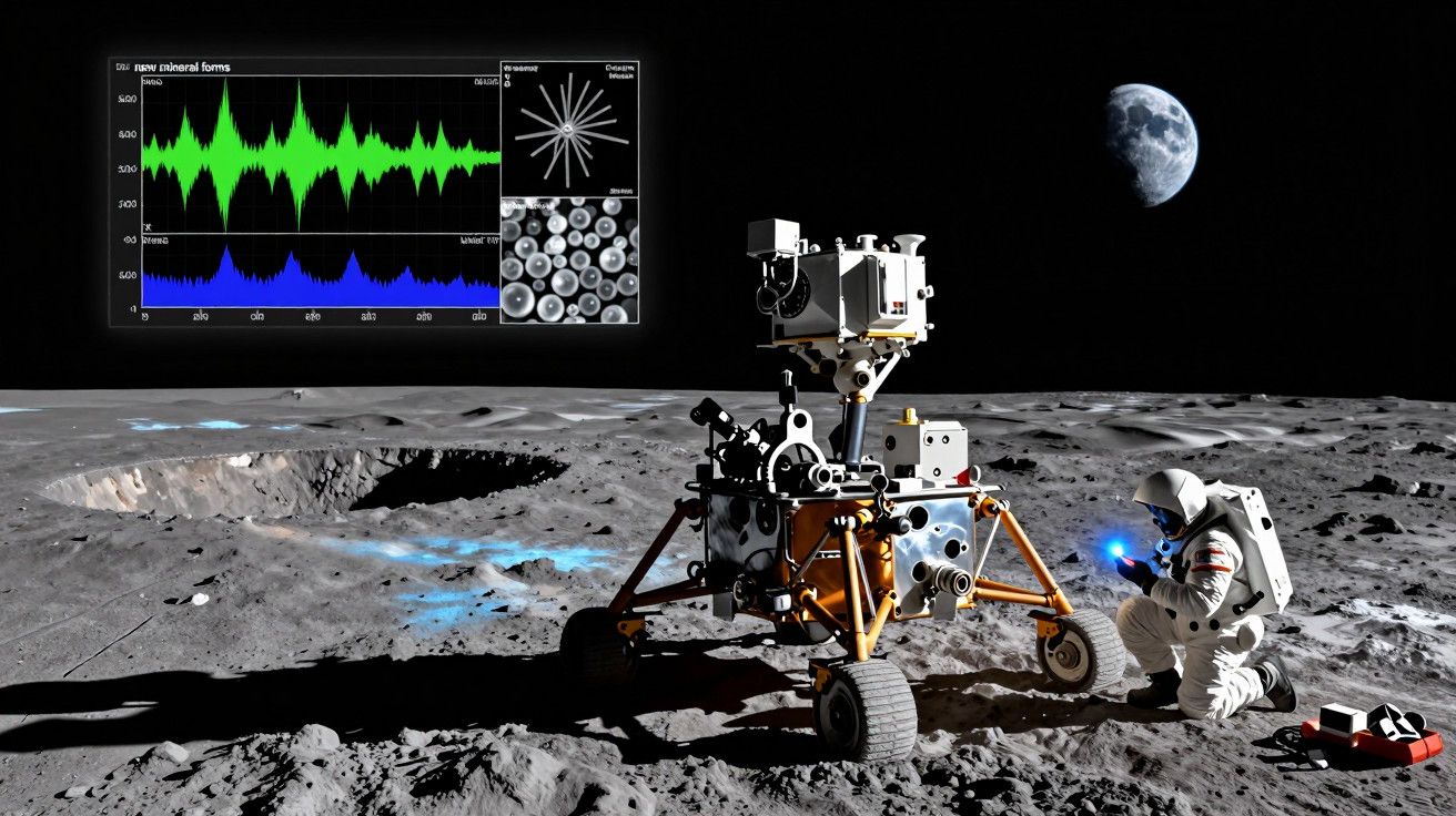 Astronauta na superfície lunar com rover, analisando dados científicos, Terra ao fundo no céu escuro.