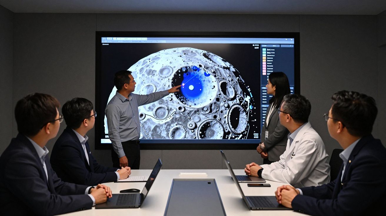 Cinco pessoas numa reunião observam um ecrã com uma imagem lunar detalhada, enquanto duas se levantam para discutir.