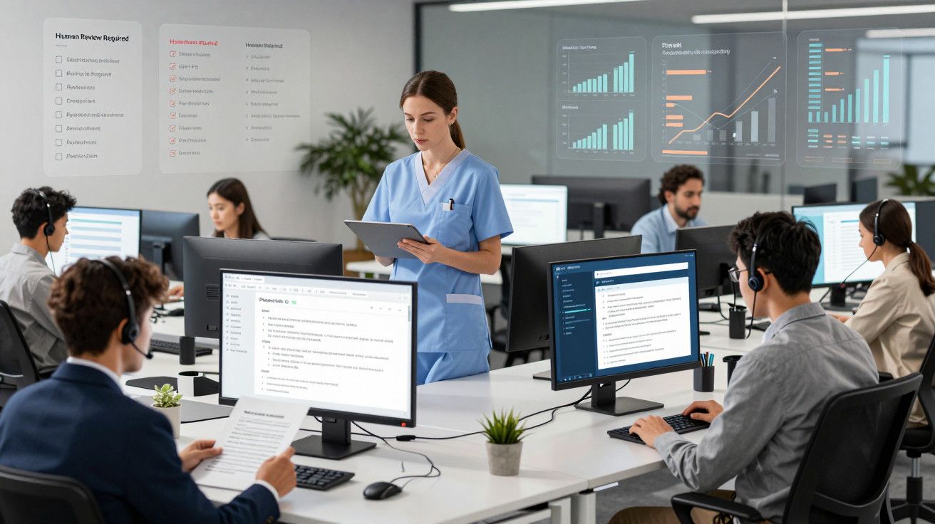 Escritório moderno com equipa a trabalhar em computadores, gráficos nas janelas e mulher de uniforme azul a usar tablet.