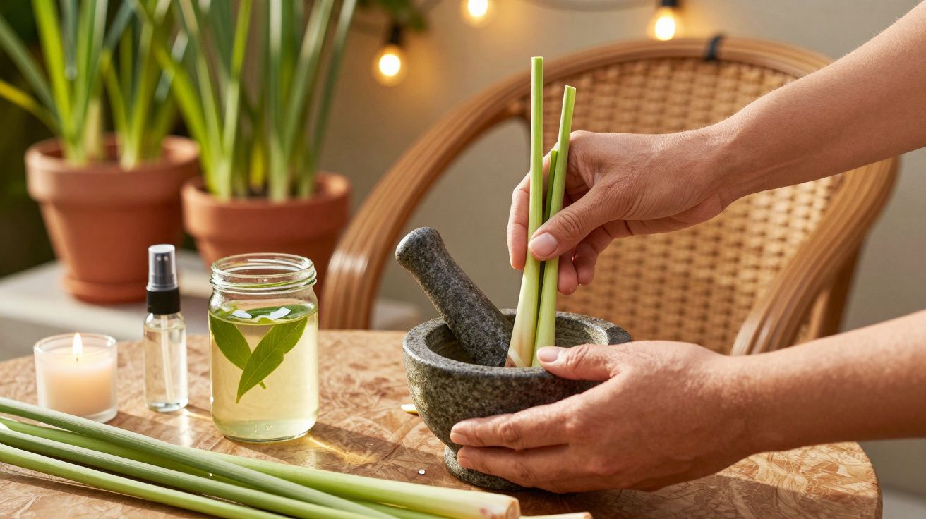 Mãos usando almofariz e pilão para moer erva-príncipe, com jarro de infusão e velas ao fundo.