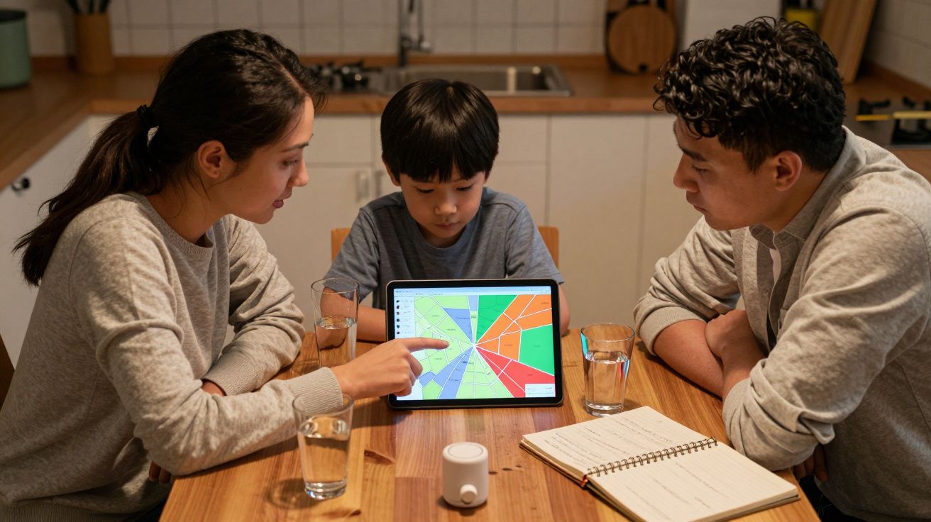 Família sentada à mesa a olhar para um tablet com gráfico colorido, discutindo enquanto apontam para o ecrã.