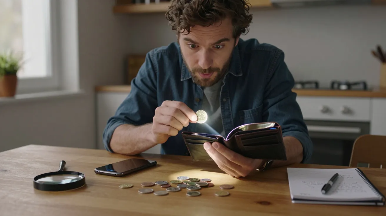 Carteira aberta, moedas na mesa, lanterna acesa, bloco de notas e cilindro ao fundo.