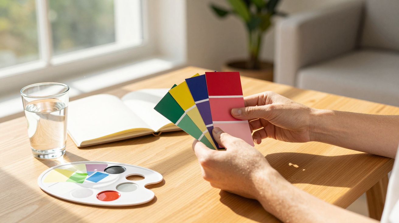 Mãos seguram leques de amostras de cores em mesa de madeira, com caderno, paleta de tintas e copo de água ao lado.