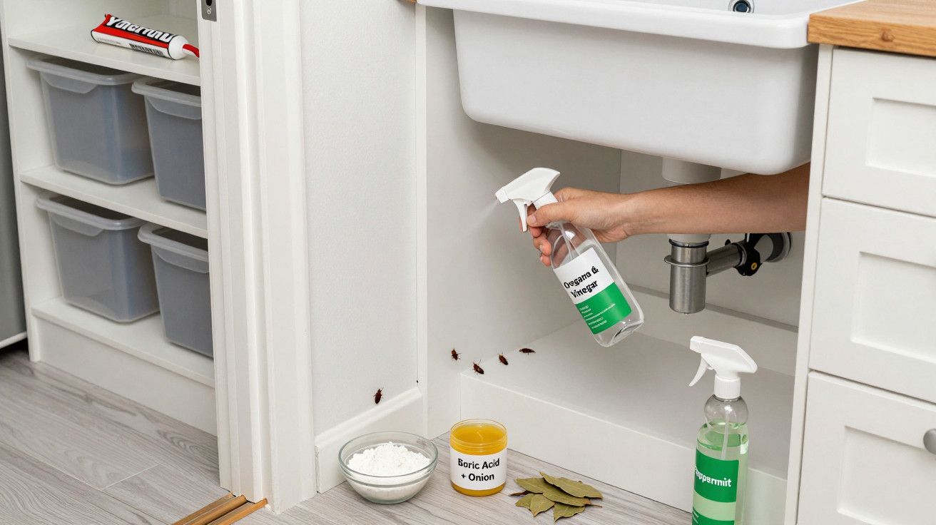 Mão segura spray anti-baratas debaixo de lavatório. Produtos de limpeza no chão, com baratas a fugir para o lado esquerdo.