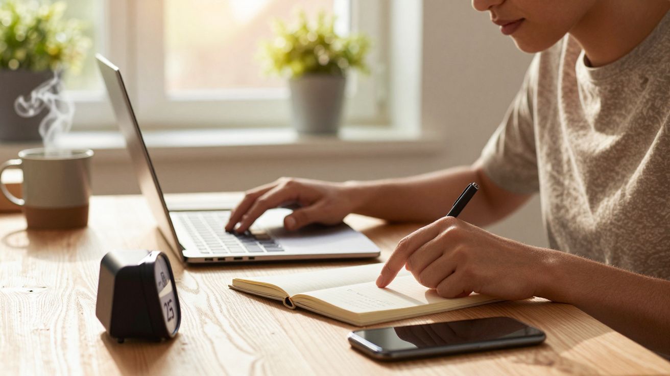 Pessoa a trabalhar no portátil, com um bloco de notas e caneta na mão. Há um café, relógio, e plantas no fundo.