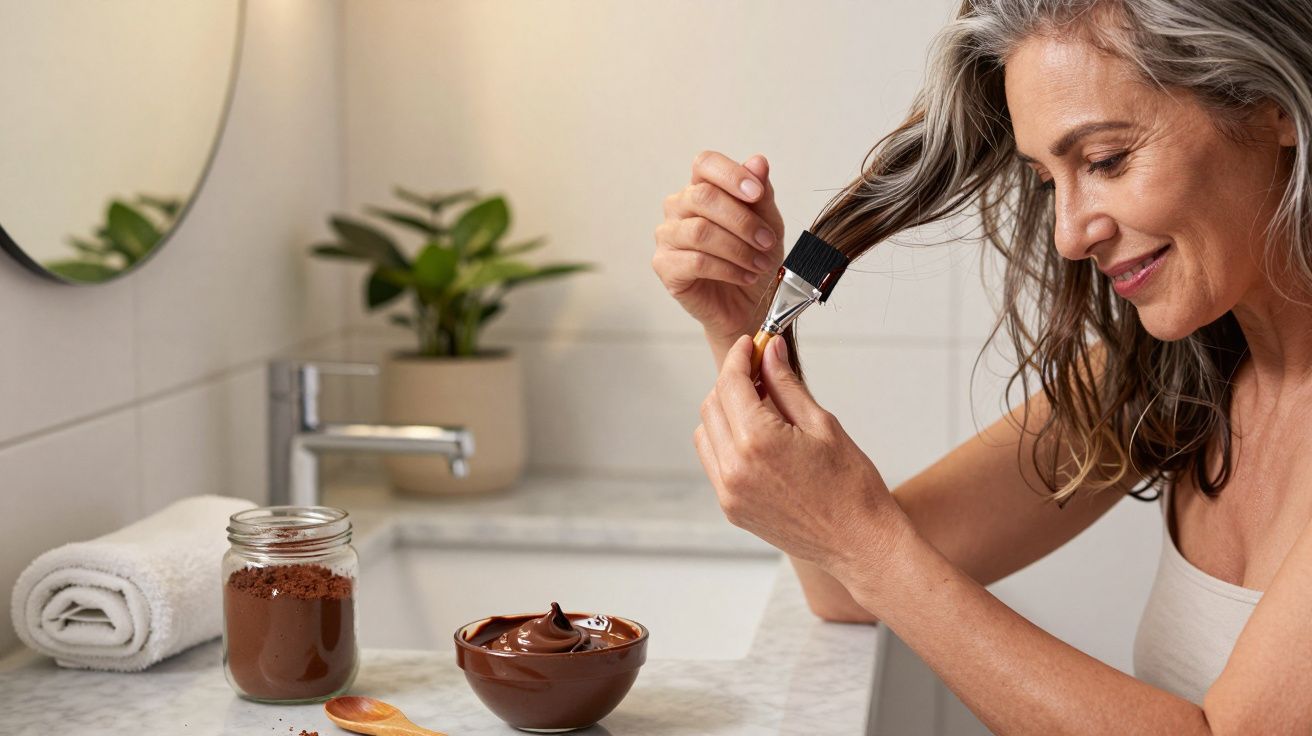 Mulher a aplicar máscara capilar com pincel na casa de banho, junto a um lavatório com plantas e acessórios.