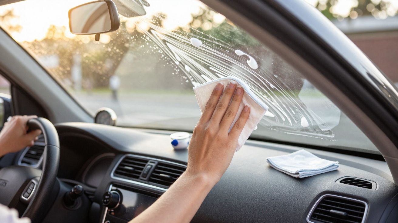 Pessoa a limpar o para-brisas de um carro com um pano branco, enquanto outra pessoa conduz.
