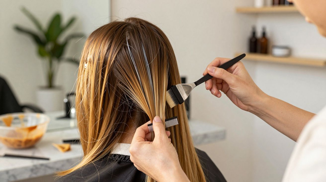 Pessoa a pintar cabelo loiro de uma cliente num salão, usando pincel e prato com tinta.