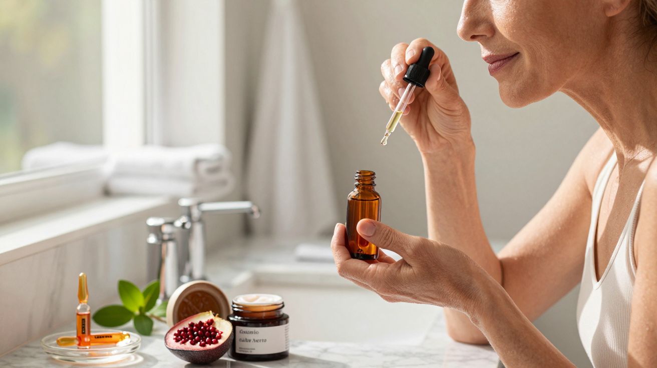 Mulher a aplicar sérum facial com conta-gotas na casa de banho, ao lado de romã e produtos de beleza.
