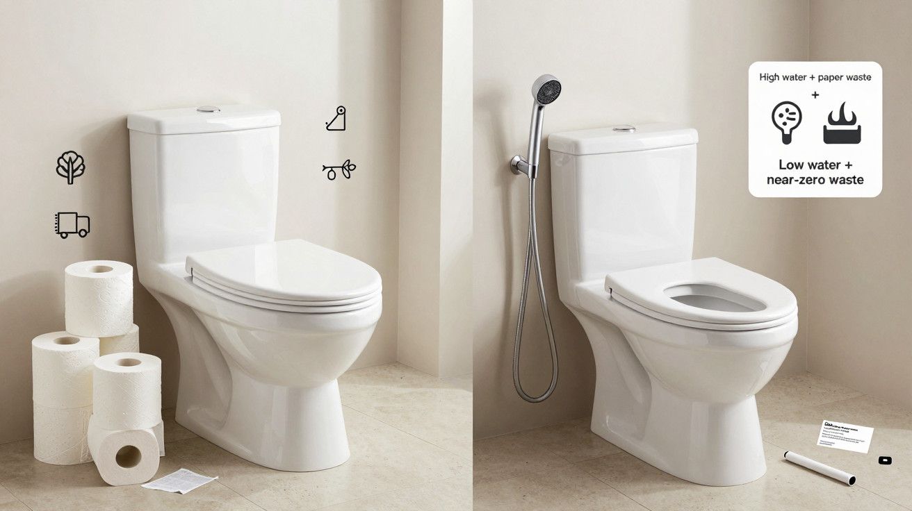 Sanitas lado a lado; uma com rolos de papel, outra com chuveirinho, comparando água e resíduos.