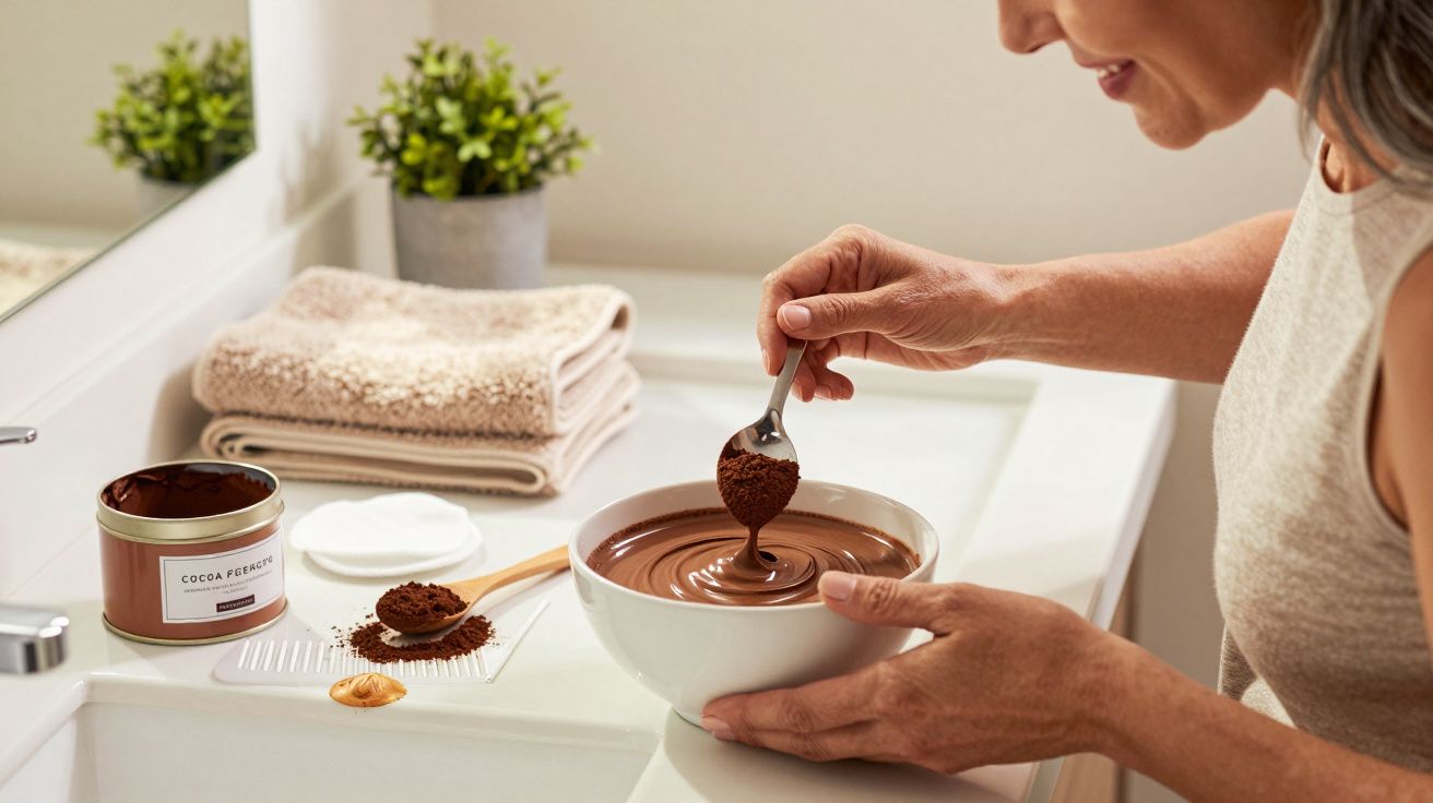 Mulher misturando pó de cacau numa tigela de chocolate sobre lavatório, toalhas ao fundo.