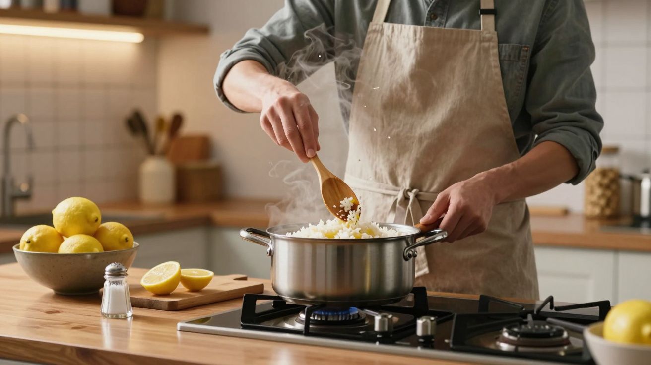 Pessoa a cozinhar arroz numa panela, mexendo com colher de madeira. Limões ao lado numa cozinha moderna.