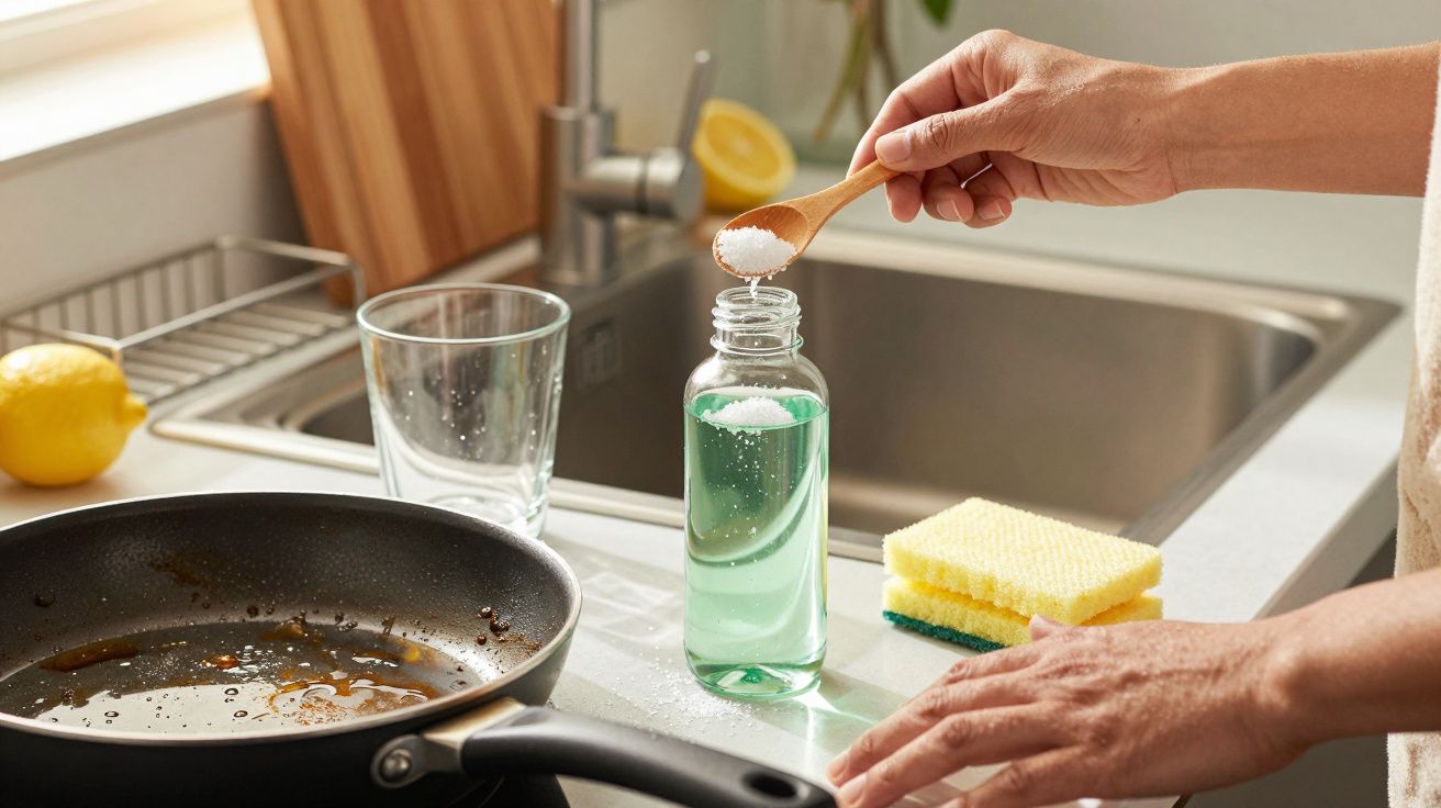 Pessoa adiciona sal a detergente líquido na cozinha, com uma frigideira ao lado da pia.